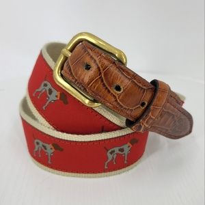 Vintage Real Brass Buckle Canvas Lab Dog Printed Belt Leather Accents 36 Waist